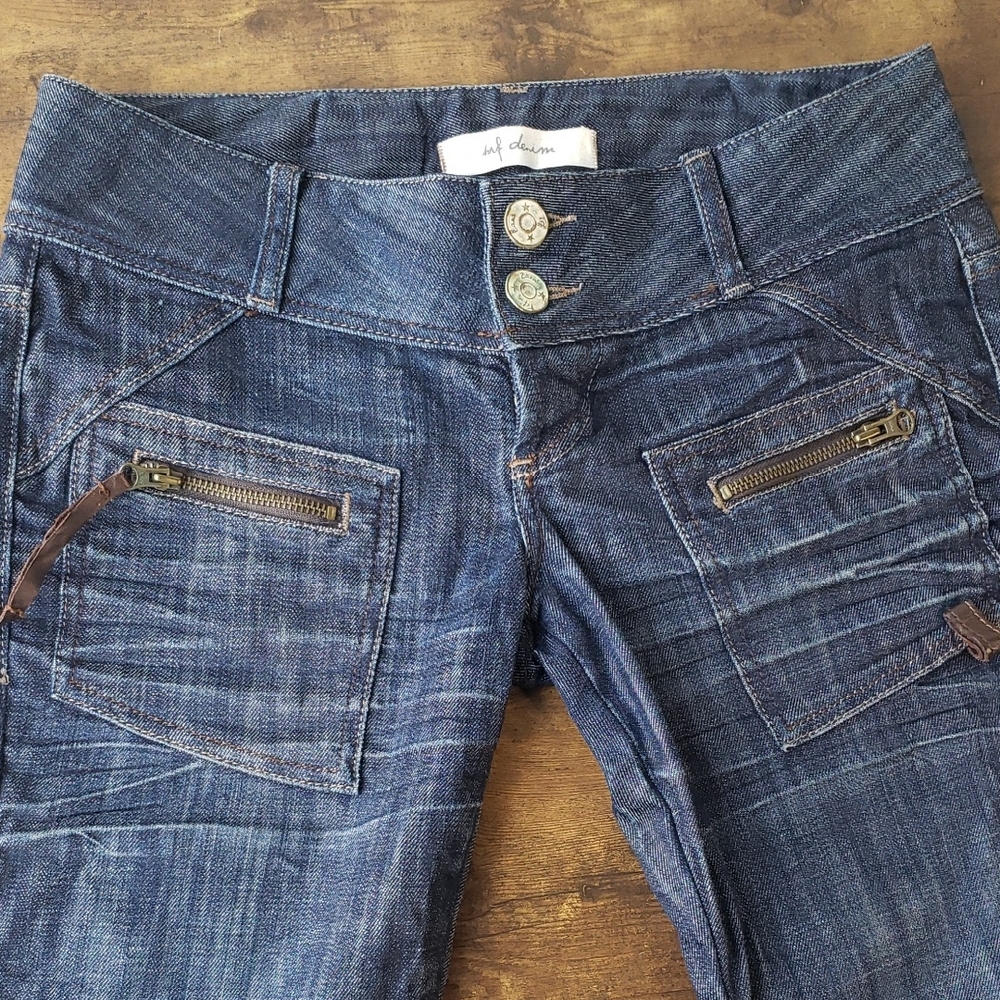 TRF low rise thick blue Hip Hugger denim jeans W Brass Gold Zippers